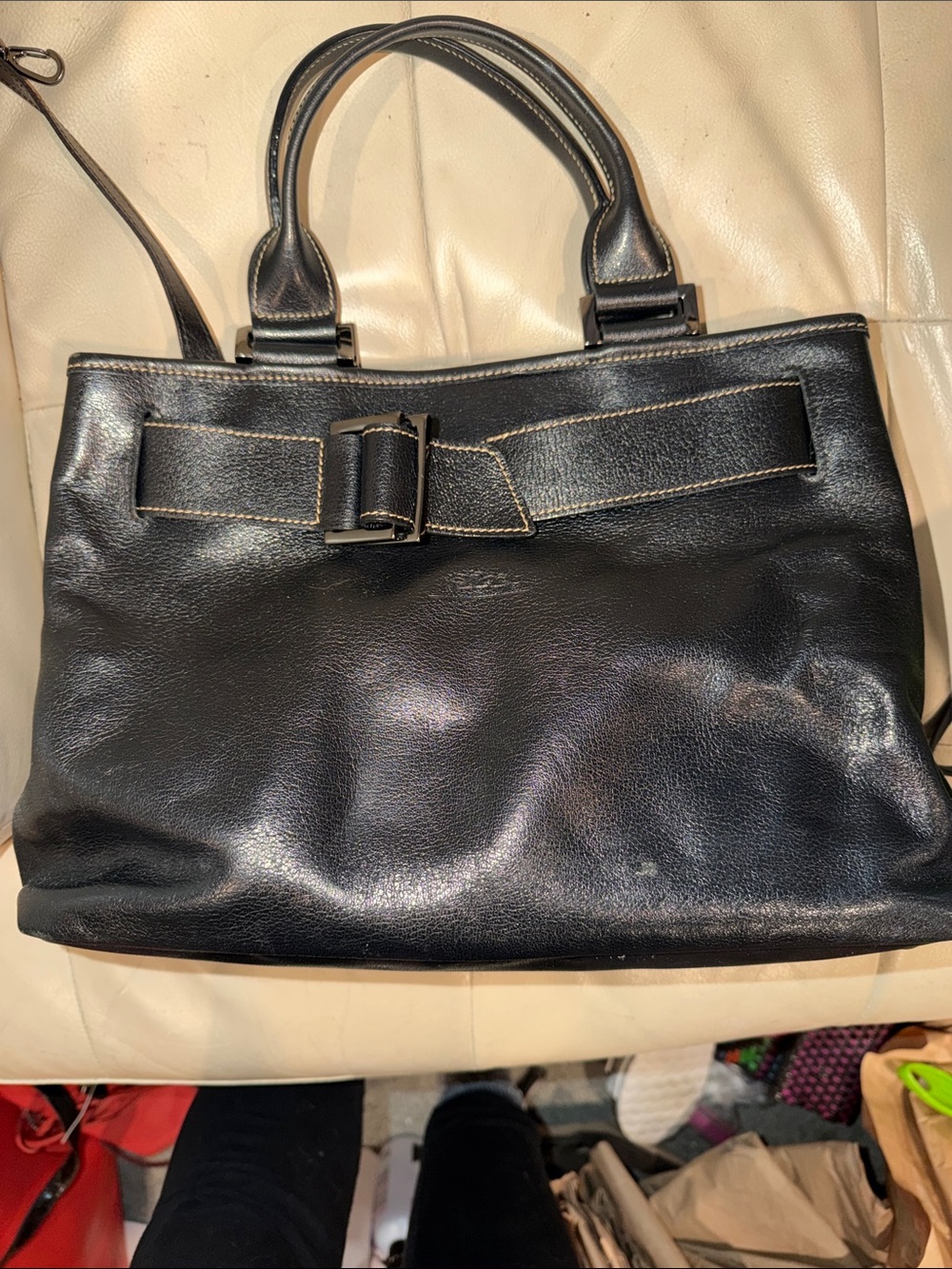 LONGCHAMP - Longchamp Paris 1948 Black Leather Belted Tote
